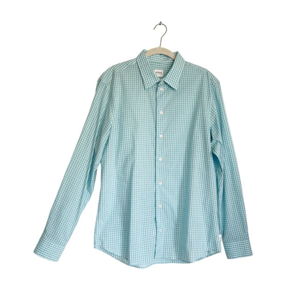 Armani Collezioni Men's Blue Cotton Plaid Button Up Shirt in Blue White - Sz L